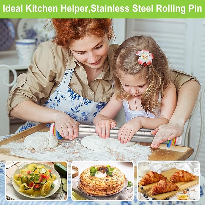 Rolling Pin with Thickness Rings and Silicone Baking Mat, Adjustable Stainless Steel Rolling Pins for Pasta or Sugar Decorating Cookies, Bread Making Tools Fondant Roller for Dough, Dumpling, Ravioli - Image 6