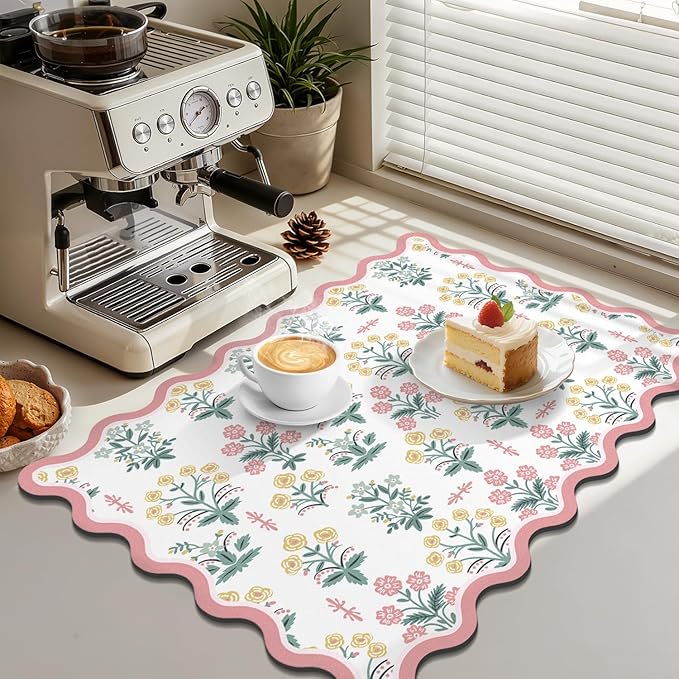 LOKHOM Scalloped Floral Dish Drying Mat, 18"x24" Super Absorbent Coffee Mat with Unique Pink Pastoral Floral, Cuttable Hide Stain Non-slip Drying Mat for Kitchen Counter Coffee Maker Espresso Machine - Image 4
