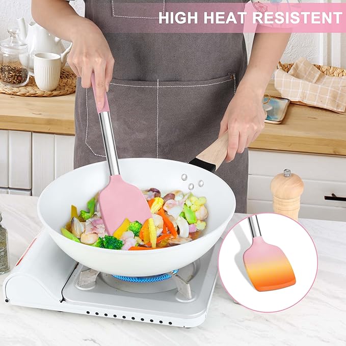 LIANYU 15 Piece Cooking Utensils Set with Stainless Steel Handle, Silicone Kitchen Gadgets with Holder, Heat Resistant Spatula Spoon Turner Tong Whisk Brush Tools for Cooking, Dishwasher Safe, Pink - Image 6