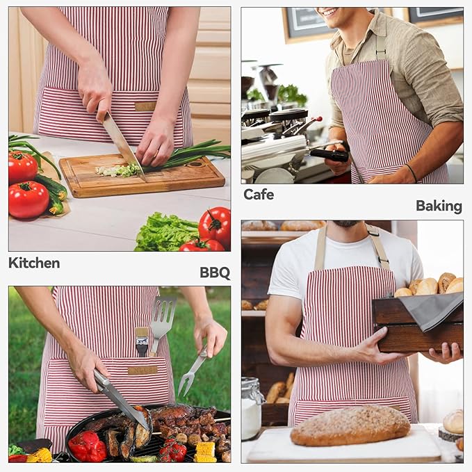 NLUS 2 Pack Cooking Aprons for Women with Pockets, Adjustable Kitchen Bib Aprons Chef Aprons for Women Men(Red Pinstripes) - Image 7
