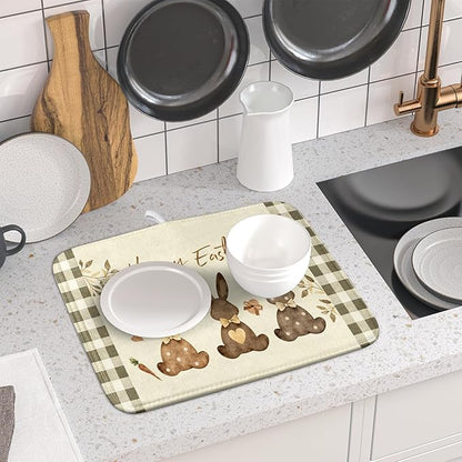 Giwawa Happy Easter Dish Drying Mat for Countertop, 16"x18" Cute Bunny Rabbits Eggs Carrot Dish Drainer Mats, Bufflao Plaids Fast Dry Microfiber Large Dish Drying Pad Kitchen Accessories Decor