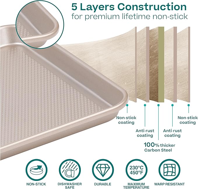 Baker's Secret Baking Sheet Pan Set, 3x Cookie Sheets for Oven, Diamond Texture Premium Air Flow, Set of 3 Baking Trays, Extra Thick 0.6mm with Diamond Base PFOA, PFOS, PTFE and PFAS free - Image 3