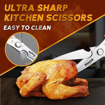 HUUSK Kitchen Scissors for Food - Stainless Steel Kitchen Shears, Sharp Red Meat Scissors Dishwasher Safe, Heavy Duty Poultry Shears, Japanese Cooking Scissor for Chicken, Christmas Gift for Men Women - Image 2