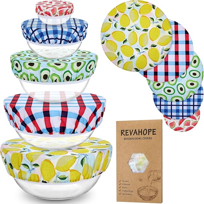 5-Size Reusable Beeswax Bowl Covers for Bread Proofing, Cotton Cloth Flexible Beeswax Wraps for Food Storage(Fruit Grid) by Revahope