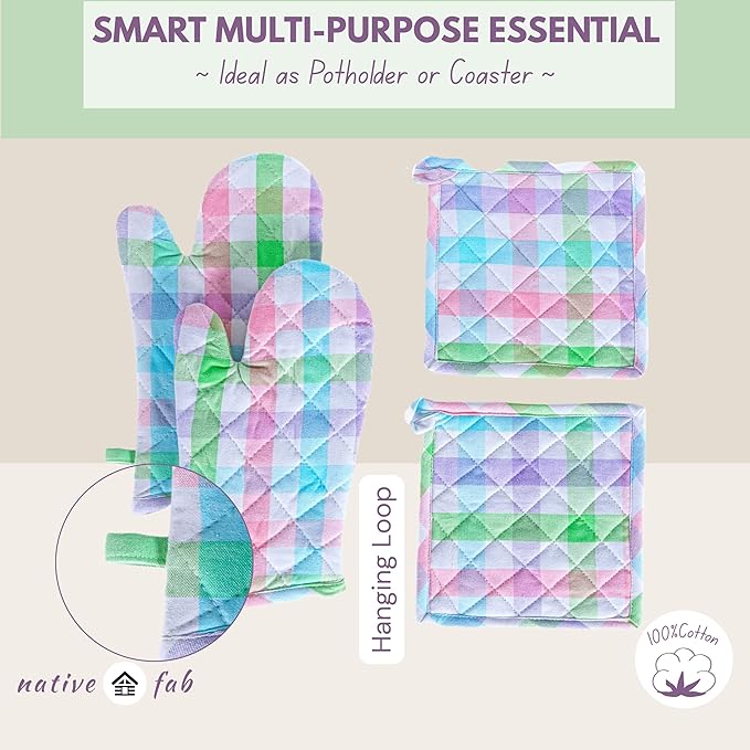Native Fab 4 Piece Set - Gingham Check 2 Oven Mitts & 2 Potholders, Heat Resistant, 100% Cotton, Quilted Design, Non-Slip Grip, Ideal for Baking, Cooking, BBQ, Kitchen Protection, Multicolor - Image 7