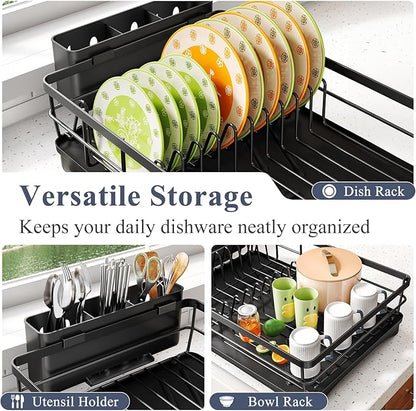 Dish Drying Rack - Rust Resistant Dish Drainer for Kitchen Counter with Drainboard & Rotating Spout, Large-Capacity Dish Rack with Removable Utensil Holder, Space-saving kitchen organizer, Black - Image 7