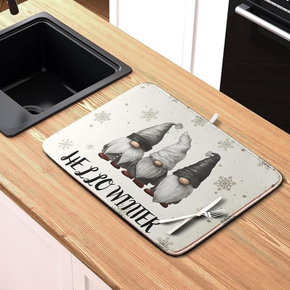 Winter Gnome Dish Drying Mat for Kitchen Counter 18x24 Christmas Snowflakes Santa Kitchen Drying Mat Hello Winter Dish Drainer Mat Super Absorbent Dish Rack Mat for Coffee Bar Countertop - Image 6