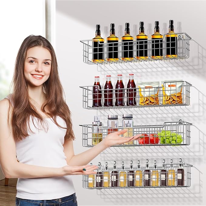 Spice Rack Wall Mount, 4-Pack Seasoning Organizer for Kitchen Storage Organization, Spice Holder Shelf Saving Space for Cabinet, RV, Pantry, Silver - Image 2