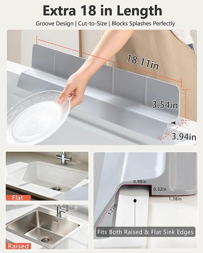 Kitchen Sink Splash Guard 18" 23" 30" Self-Draining Silicone Water Guard with High Splash Wall & Strong Suction Cups for Faucet, Countertop & Sink Edge, Keeps Sinks Dry, Dishwasher Safe, Gray