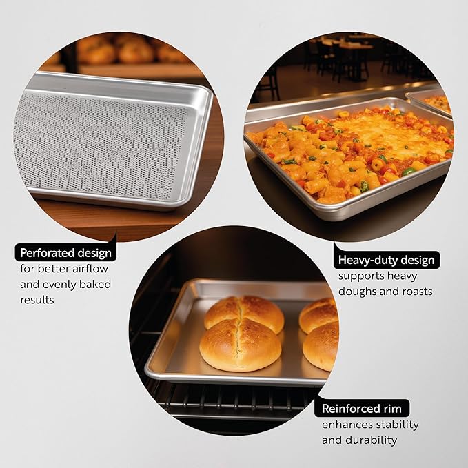 Restaurantware 1 Perforated Bakery Sheet Pan, 18 x 13 Inch Industrial Baking Tray, Rimmed Edges, Endures Up To 392F, Aluminum Half-Baking Sheet, Dishwashable, Ideal For Baking Or Roasting