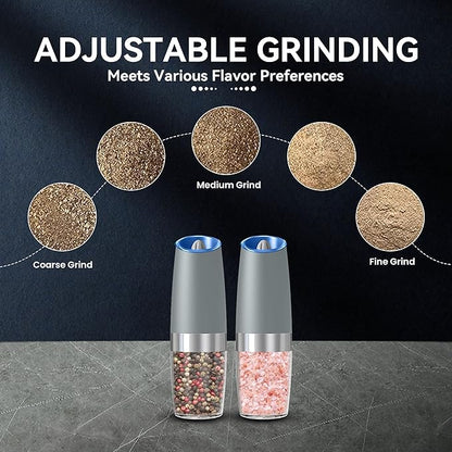 UNNEES Gravity Electric Salt and Pepper Grinder set of 2, Automatic Salt And Pepper Grinder Set, Adjustable Roughness, Battery Powered, LED Light, 2 Pack, (Light Grey) - Image 3