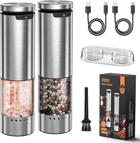VOXON Update Electric Salt and Pepper Grinder Set Rechargeable Stainless Steel, LED Light, 100ML Capacity, 5 Levels Adjustable Coarseness, Automatic Salt and Pepper Grinder Set One Handed Operation