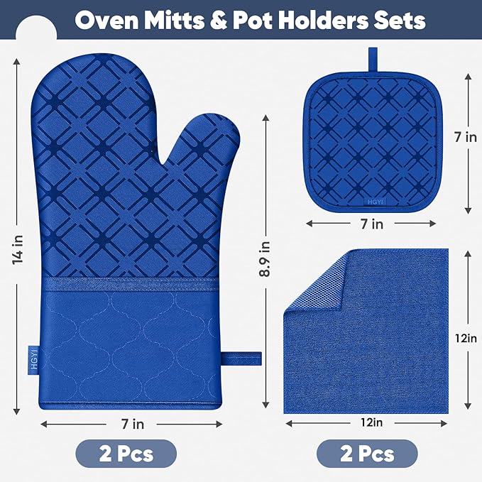 Oven Mitts and Pot Holders Set with Dishcloths, 500 Degree Heat Resistant Oven Gloves and Hot Pads, Premium Soft Cotton Kitchen Mittens and Dish Cloth Sets-Royal Blue - Image 2