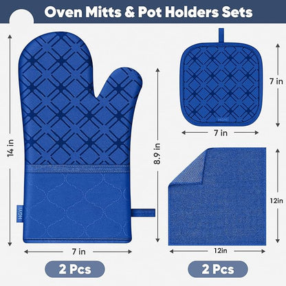 Oven Mitts and Pot Holders Set with Dishcloths, 500 Degree Heat Resistant Oven Gloves and Hot Pads, Premium Soft Cotton Kitchen Mittens and Dish Cloth Sets-Royal Blue - Image 2