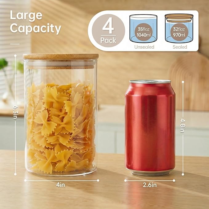 32oz - 4 Pack Glass Jars with Bamboo Lids, Glass Pantry Storage Containers with Airtight Lids, Round Air Tigh Food Storage Canisters for Cereal, Pasta, Flour, Sugar, Rice, Best for Kitchen Organizer - Image 3