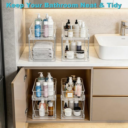 2 Tier Under Sink Organizer Bathroom Organizers and Storage, Clear Stackable Bathroom Cabinet Organizer, Multipurpose Pull-Out Home Organizer for Kitchen and Pantry Storage 4 Pack