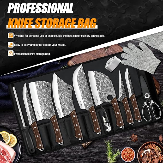 MDHAND Butcher Knife Set, 14PCS Hand Forged Butcher Chef Knife Set with Roll Bag, Heavy Duty Meat Cleaver, Fillet Knives, Meat Cutting Knife for Home Kitchen & Camping BBQ, Gifts for Men Women