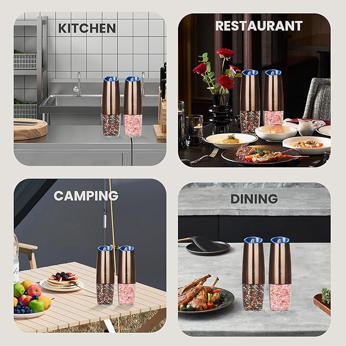 Rechargeable Salt And Pepper Grinder Set with LED Light, Automatic Electric Gravity Salt And Pepper Shakers Set, No Battery Needed, Adjustable Roughness, 2 Pack (Copper) - Image 7