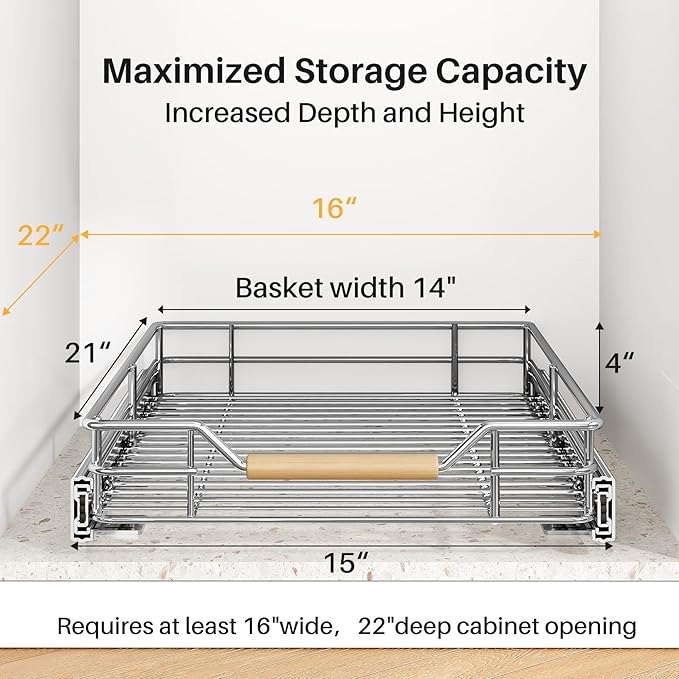 Pull out Cabinet Organizer, 15"W X 21"D, Heavy Duty Smooth Sliding Under Cabinet Shelves for Pots and Pans, Full-Extension Roll out Drawers, Slide out Organization for Home Kitchen Pantry - Image 3