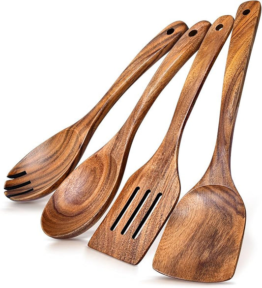 4Pcs Wooden Spoons for Cooking, Acacia Wood Kitchen Utensils Set for Nonstick Pans, Smooth Finish Cooking Utensils with Long Handle, Wooden Spatula for Cooking, Mixing, Baking by Unknown