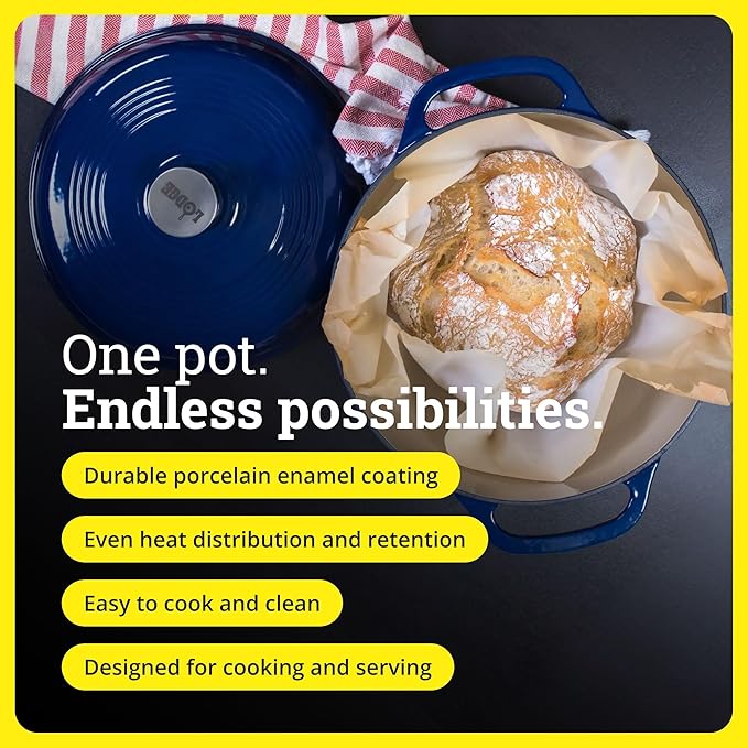Lodge Essential Enamel Cast Iron Dutch Oven - Perfect for Bread Baking, Braising, Marinating & Slow Cooking - Features Moisture-Sealing Lid & Dual Handles - Kitchen Essentials - 6 Quarts - Indigo - Image 2