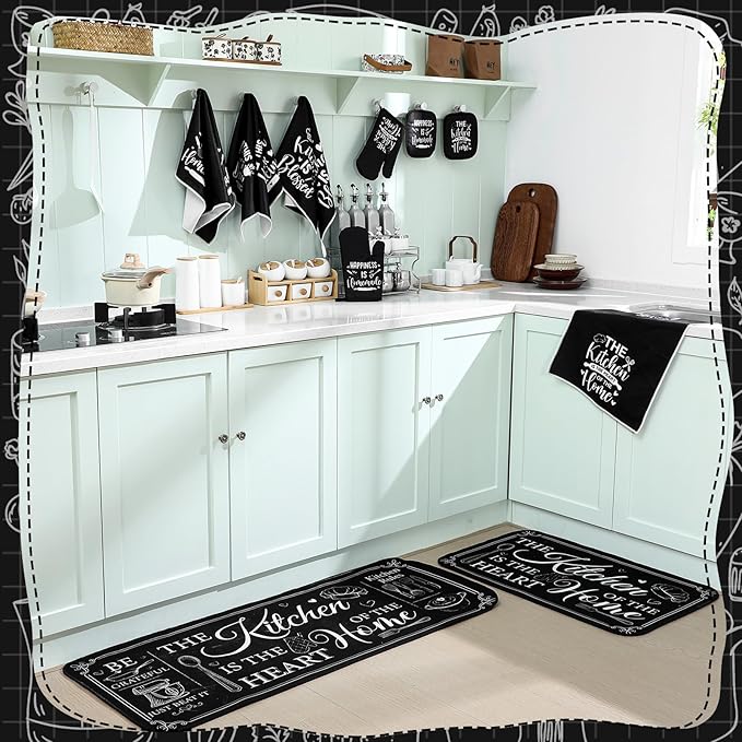 Fourluoo 10 Pcs Farmhouse Kitchen Decor and Accessories Set 4 Kitchen Towels 2 Pot Holders 2 Oven Mitts 2 Rugs for Cooking Baking Mom Housewarming Gifts(Black,Classic Style) - Image 7