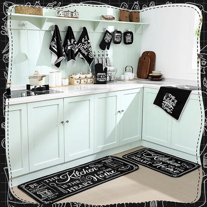 Fourluoo 10 Pcs Farmhouse Kitchen Decor and Accessories Set 4 Kitchen Towels 2 Pot Holders 2 Oven Mitts 2 Rugs for Cooking Baking Mom Housewarming Gifts(Black,Classic Style) - Image 7