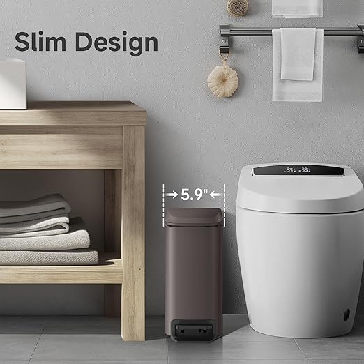 TIPGO Slim Bathroom Trash Can with Lid Soft Close, Step Pedal, 6 Liter / 1.6 Gallon Stainless Steel Trash Bin, Small Garbage Cans for Bedroom, Office, Kitchen (Brown) - Image 2