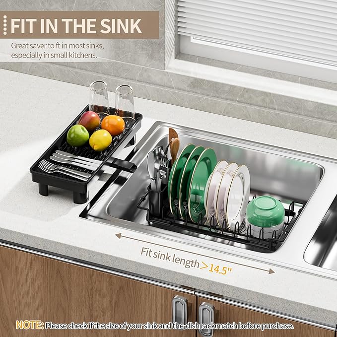 SanDream Dish Drying Rack, Small Over Sink Dish Drying Rack, Expandable Over the Sink Dish Drying Rack with Drip Tray for Kitchen Counter & in Sink - Image 4