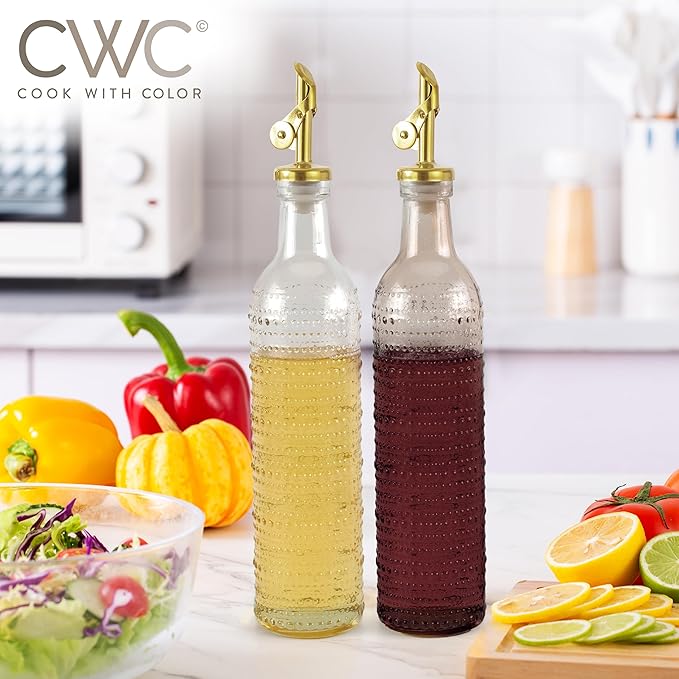 COOK WITH COLOR Glass Olive Oil Bottle Dispenser - 2 Pack- 17oz Oil and Vinegar Cruet - Olive Oil Carafe Decanter for Kitchen, Champagne Bubbles, Brown - Image 4
