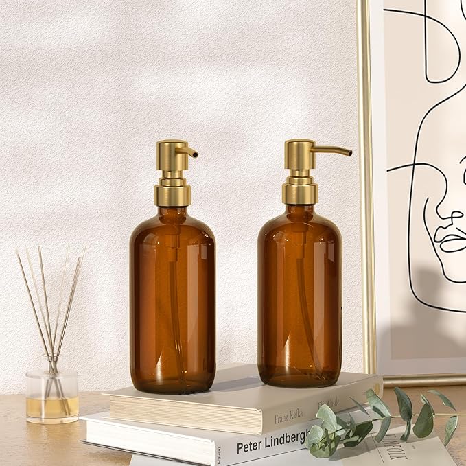 AmazerBath Amber Glass Soap Dispenser, 2 Pack Vintage Brown Bottle with Stainless Steel Pump,17 Oz Hand Dish Soap Dispenser Bottle, Modern Soap Dispensers for Bathroom Kitchen - Image 8