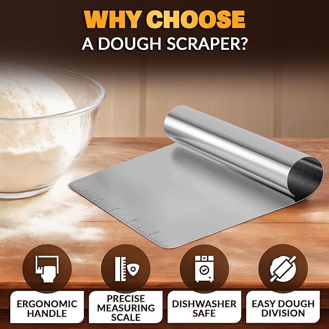 Bench Scraper Kitchen – Multipurpose Pastry Scraper Tool with Measurement Marks for Even Portions, Stainless Steel Build, Ergonomic Grip for Better Control – Pizza, Cookie & Bread Dough Cutter Tool - Image 4
