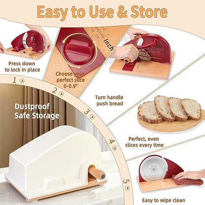 CAWIU Upgraded Manual Bread Slicer for Homemade Sourdough Bread - Adjustable Thickness Bread Cutter with Hand Crank, Suction Cups, Slicing Guide, Scale Line & Cover, for Perfect Even Slices (Red)