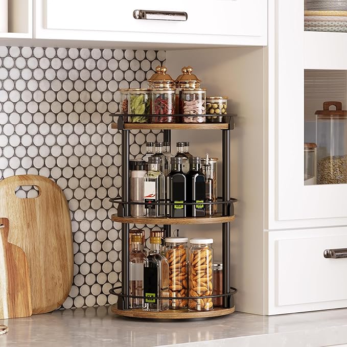 YATINEY 3-Tier Lazy Susan Organizer, Rotating Spice Rack, Spinning Organizer, Industrial Turntable Spice Rack Organizer for Cabinet, Kitchen Countertop, Pantry, Rustic Brown and Black SR23BR - Image 3
