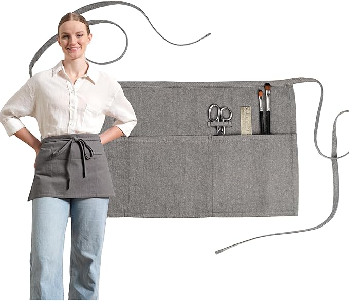 MEEMA Chef Waist Apron Cotton Fabric |Washable & Breathable Waitress & Server Half Aprons for Women with Pockets & Long Waist Straps | Cooking, Baking, Grilling & Crafting