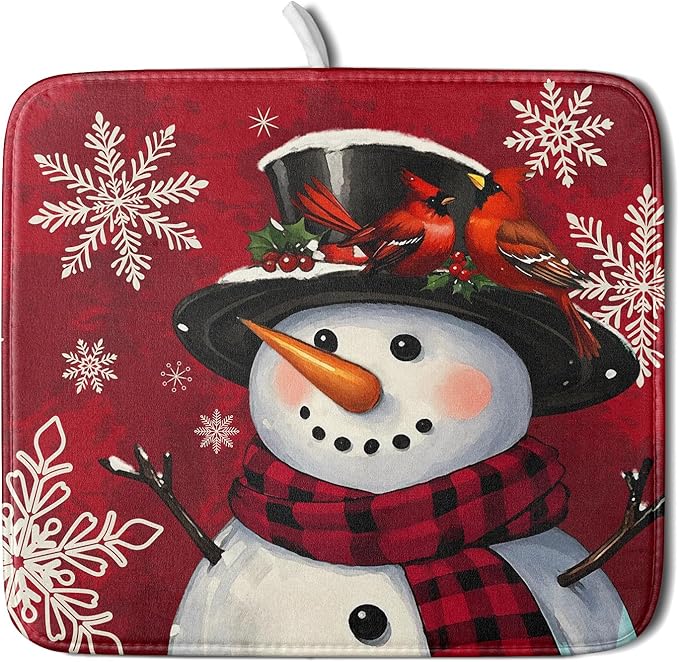 Christmas Snowman Dish Drying Mat for Kitchen Counter 16x18 Xmas Snowflake Winter Holiday Dark Red Absorbent Reversible Microfiber Drying Mats Kitchen Countertop Protector Dishes Drainer Rack Pad by Aytipun