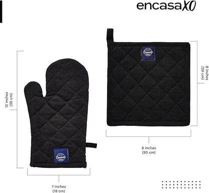 Encasa XO Heat Resistant 100% Cotton Oven Glove & Potholder Set with Loop, Kitchen Cooking Mittens, Microwave Safe Hot Pads (Full Black)
