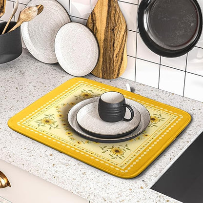 Giwawa Sunflower Bee Dish Drying Mat, Summer Rustic Sunshine Floral Dish Drainer Mats, Yellow Farmhouse Absorbent Reversible Small Dish Drying Pad Decor for Kitchen Countertop, 16x18inches