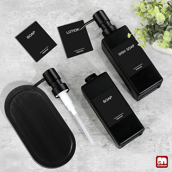 GMISUN Kitchen Soap Dispenser Set, Hand and Dish Soap Dispensers Set, Black Liquid Soap Dispenser with Tray, Refillable Dish Dispensers for Kitchen, Glass Soap Bottles with Stainless Steel Pump - Image 6