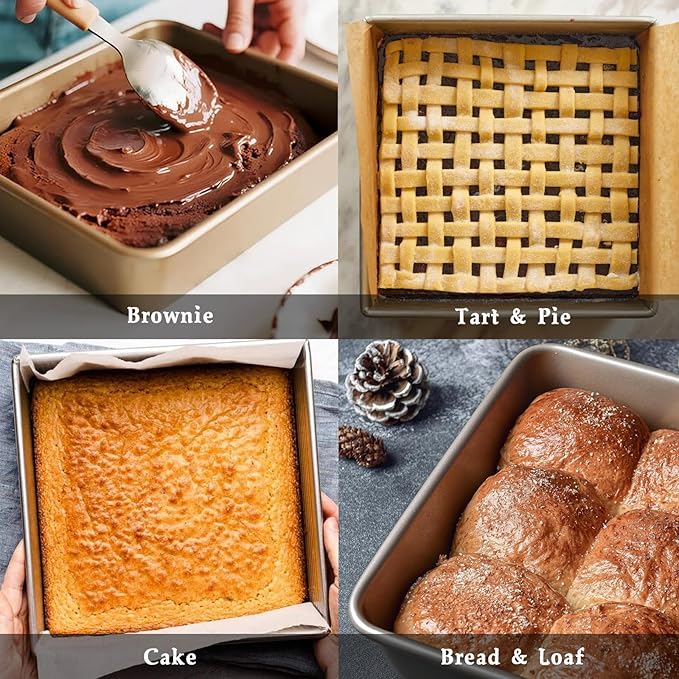 8 Inch Square Baking Pans Set, 2 Pieces Nonstick Cookie Sheet Pan, 3" Deep Commercial Carbon Steel Jelly Roll Tray, Non Toxic Bakeware For Oven Bake, Easy Clean