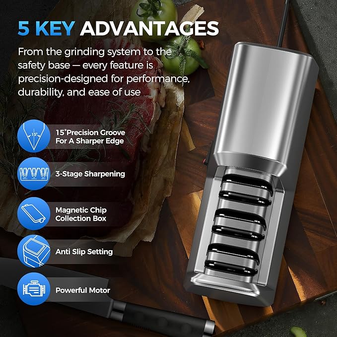 Knife Sharpener Electric for Kitchen - 3-Stage Kitchen Knife Sharpener - 15°Precision Angle Guide Knife Sharpeners - Stainless Steel Grinding Head-Portable and Useful-Fast Sharpening, Repair, Polish - Image 2