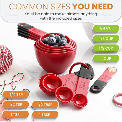 Spring Chef Red Magnetic Measuring Cups and Spoons Set of 9, Stackable Plastic Kitchen Gadget with Easy to Read Markings - Measure Dry or Liquid Ingredients for Baking & Cooking, BPA Free