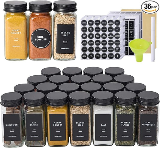 36 Glass Spice Jars with 576 Labels-Spice Jars with Black Metal Caps, 4oz Empty Square Spice Containers with Shaker Lids, Funnel, Pen, Seasoning Bottles for Spice Rack, Drawer, Cabinet by Fiwence