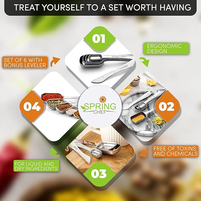 Spring Chef Stainless Steel Measuring Spoons Set of 6 with Leveler, Rectangular Metal Teaspoon & Tablespoon Measuring Spoons for Dry & Liquid Ingredients - Nesting Kitchen Gadgets For Baking & Cooking - Image 7