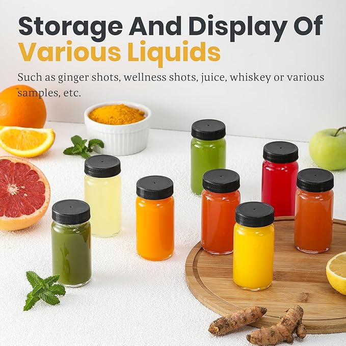 9 Pack, 2 oz Glass Shot Bottles w/ Black Lids & 9 Labels - Small Clear Jar for Ginger, Wellness Shot, Juice, Sample, Whiskey - Travel Essentials Mini Bottles - Wide Mouth, Leakproof, Dishwasher Safe - Image 5