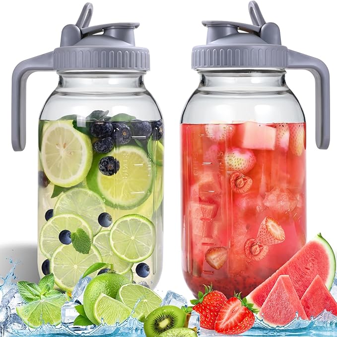 64OZ Glass Pitchers with Lid, Wide Mouth Water Jugs, Leak-Proof Airtight Mason Jars for Cold Brew Coffee, Iced tea, Milk, Food Storage, Sun Tea Jar，Set of 2. by Scidea