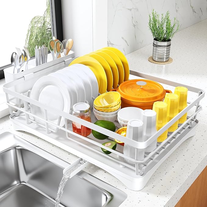 SNTD Dish Drying Rack for Kitchen Counter - Large Dish Rack with Drainboard, Rustproof Dish Drainer with Utensil Holder for Sink, White by SNTD