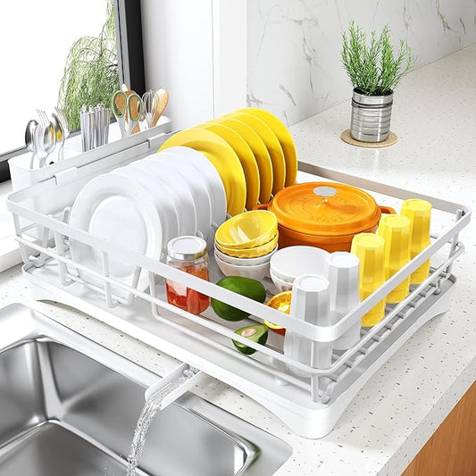 SNTD Dish Drying Rack for Kitchen Counter - Large Dish Rack with Drainboard, Rustproof Dish Drainer with Utensil Holder for Sink, White by SNTD