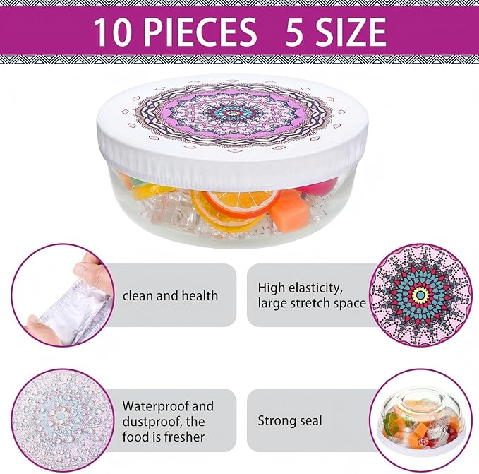 Patelai 10 Pcs Bowl Covers Reusable in 5 Size Stretch Cloth Fabric Elastic Food Storage Bowl Covers Bread Sourdough Lids for Proofing Food Fruits Leftover(Warm Color,Retro Style) - Image 3