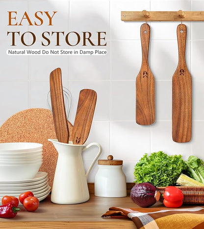 2Pcs Spurtles Kitchen Tools Wooden, Wooden Spurtle Spatula Set for Sourdough Starter, Natural from High Moist Resistance Teak, Kitchen Utensils for NonStick Cookware - Image 6